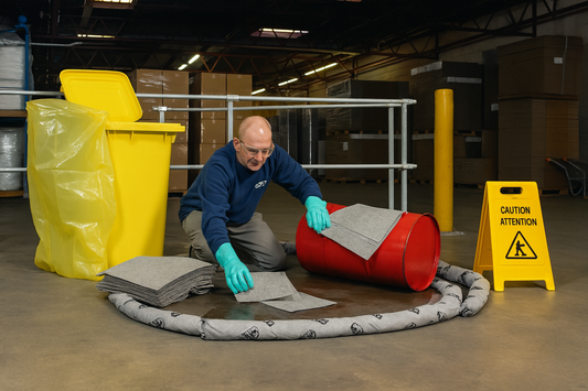Worker in a warehouse using absorbent pads and socks to contain a liquid spill from a red drum, with a yellow spill kit bin and caution sign nearby, demonstrating professional spill control compliance.